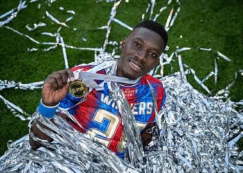 LONDON, ENGLAND - MAY 17: Ismaila Sarr of Crystal Palace celebrates with a medal after winning the Emirates FA Cup Final match between Crystal Palace and Manchester City at Wembley Stadium on May 17, 2025 in London, England. (Photo by Sebastian Frej/Getty Images)