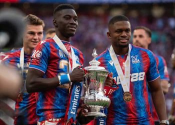 LONDON, ENGLAND - MAY 17:  Ismaila Sarr (left) and Cheick Doucouré of Crystal Palace celebrate winning the Emirates FA Cup Final match between Crystal Palace and Manchester City at Wembley Stadium on May 17, 2025 in London, England. (Photo by Visionhaus/Getty Images)