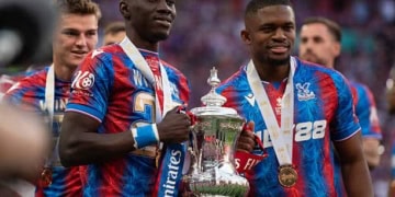 LONDON, ENGLAND - MAY 17:  Ismaila Sarr (left) and Cheick Doucouré of Crystal Palace celebrate winning the Emirates FA Cup Final match between Crystal Palace and Manchester City at Wembley Stadium on May 17, 2025 in London, England. (Photo by Visionhaus/Getty Images)