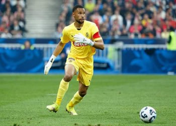 PARIS, FRANCE - MAY 24: Reims goalkeeper Yehvann Diouf during the French Cup Final between Paris Saint-Germain (PSG) and Stade de Reims at Stade de France on May 24, 2025 in Saint-Denis near Paris, France.  (Photo by Jean Catuffe/Getty Images)