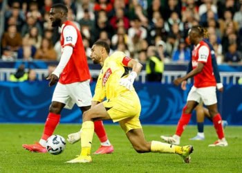 PARIS, FRANCE - MAY 24: Reims goalkeeper Yehvann Diouf during the French Cup Final between Paris Saint-Germain (PSG) and Stade de Reims at Stade de France on May 24, 2025 in Saint-Denis near Paris, France.  (Photo by Jean Catuffe/Getty Images)