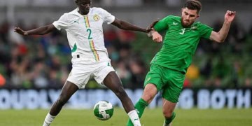 Dublin , Ireland - 6 June 2025; Lamine Camara Mamadou of Senegal in action against Ryan Manning of Republic of Ireland during the international friendly match between Republic of Ireland and Senegal at the Aviva Stadium in Dublin. (Photo By Stephen McCarthy/Sportsfile via Getty Images)