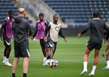 PHILADELPHIA, PENNSYLVANIA - JUNE 15: Nicolas Jackson of Chelsea during a training session at Subaru Park on June 15, 2025 in Philadelphia, Pennsylvania. (Photo by Darren Walsh/Chelsea FC via Getty Images)