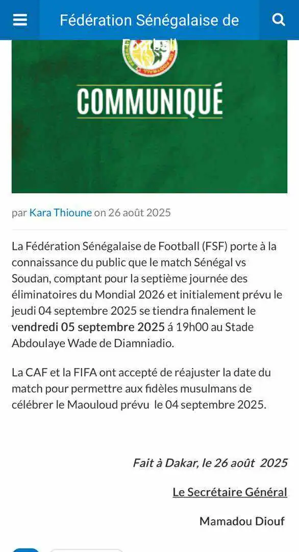 Eliminatoires Mondial 2026 : Le match Sénégal/Soudan se tiendra finalement le 5 septembre ! - wiwsport Eliminatoires Mondial 2026 : Le match Sénégal/Soudan se tiendra finalement le 5 septembre ! - wiwsport