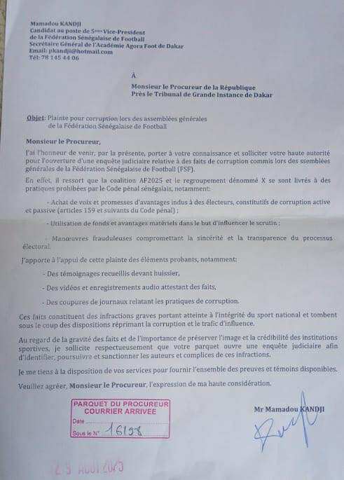 Candidat au poste de 5e vice-président de la FSF, Mamadou Kandji saisit le procureur pour corruption - wiwsport Candidat au poste de 5e vice-président de la FSF, Mamadou Kandji saisit le procureur pour corruption - wiwsport