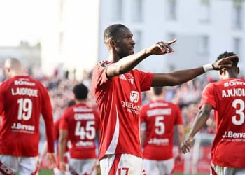 Abdallah SIMA of Brest celebrate after scores during the Ligue 1 McDonald's match between Brest and Monaco on April 5, 2025 at Stade Francis Le Ble in Brest, France. (Photo by Christophe Saidi/FEP/Icon Sport via Getty Images)