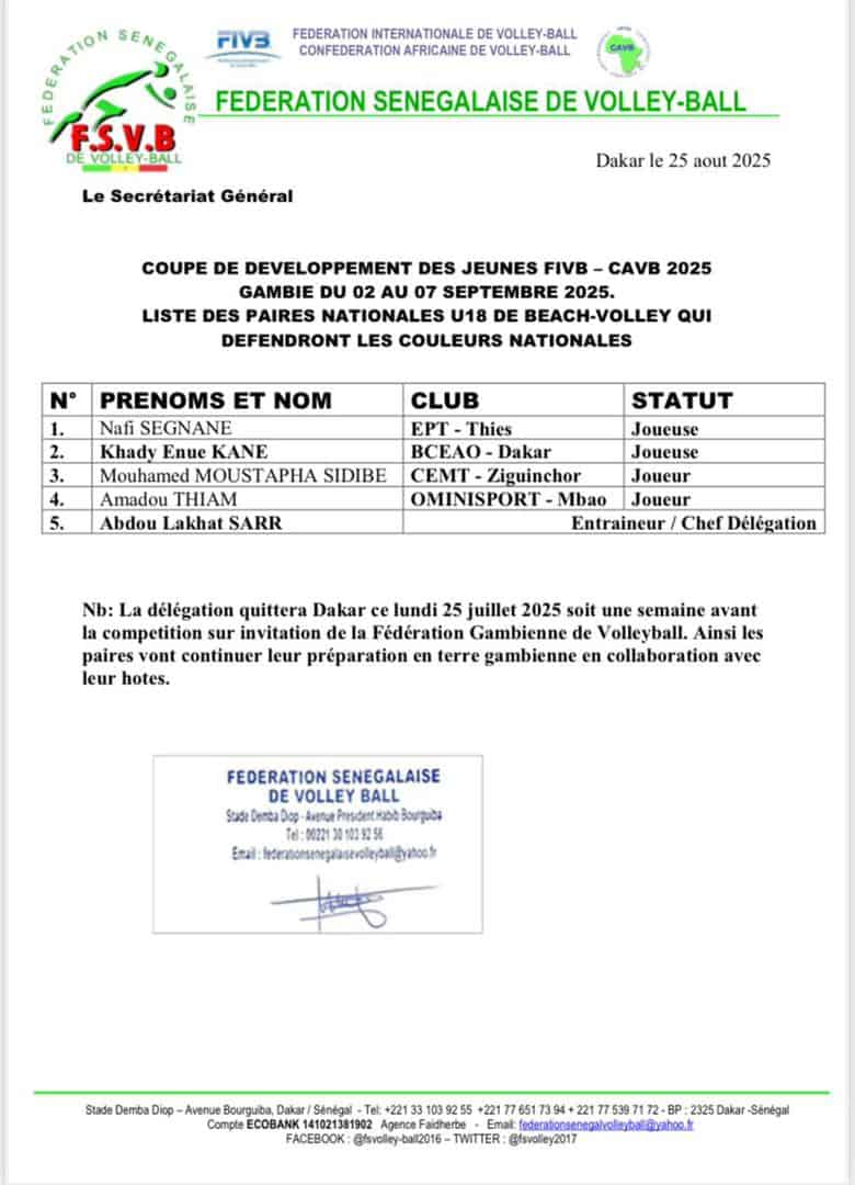 Beach Volley – Coupe de Développement des Jeunes 2025 (U-18) : Le Sénégal présent à Banjul du 2 au 7 septembre - wiwsport