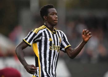 VINOVO, ITALY - OCTOBER 22:  Demba Sall Samb of Juventus U16 celebrates a goal during the match between Juventus U16 and Torino U16 at Juventus Center Vinovo on October 22, 2023 in Vinovo, Italy.  (Photo by Valerio Pennicino - Juventus FC/Juventus FC via Getty Images)