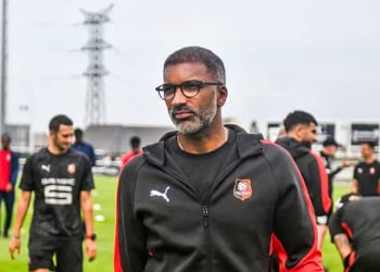 Habib BEYE head coach of Rennes during the friendly match between Rennes and Brest at Stade du Clos Gastel on July 18, 2025 in Dinan, France. (Photo by Philippe Le Brech/Icon Sport via Getty Images)