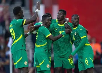 NOTTINGHAM, ENGLAND - JUNE 10: Ismaila Sarr of Senegal celebrates scoring the first goal with team mates during the international friendly match between England and Senegal at the City Ground on June 10, 2025 in Nottingham, England. (Photo by Visionhaus/Getty Images)