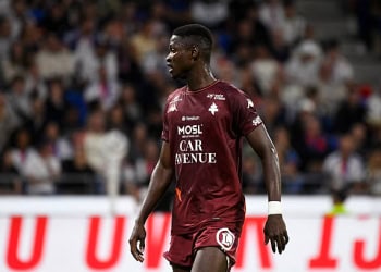 LYON, FRANCE - AUGUST 23: Sadibou Sane of FC Metz looks on during the Ligue 1 McDonald's match between Olympique Lyonnais and FC Metz at Groupama Stadium on August 23, 2025 in Lyon, France. (Photo by Eurasia Sport Images/Getty Images)