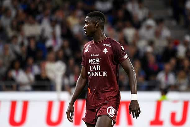 LYON, FRANCE - AUGUST 23: Sadibou Sane of FC Metz looks on during the Ligue 1 McDonald's match between Olympique Lyonnais and FC Metz at Groupama Stadium on August 23, 2025 in Lyon, France. (Photo by Eurasia Sport Images/Getty Images)