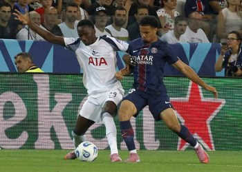 UDINE, ITALY, AUGUST 13:
Pape Sarr (L), of Tottenham, and Warren Zaire-Emery (R), of Paris Saint-Germain, fight for the ball during the UEFA Super Cup football final match between Paris Saint-Germain and Tottenham at the Stadio Friuli in Udine, Italy, on August 13, 2025. (Photo by Riccardo De Luca/Anadolu via Getty Images)