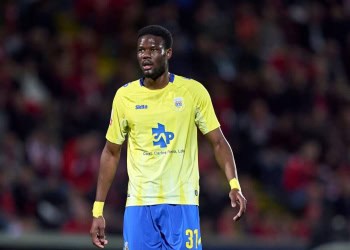 Mamadou Loum of FC Arouca looks on during the Liga Portugal Betclic match between FC Arouca and SL Benfica at Estadio Municipal de Arouca in Arouca, Portugal, on December 1, 2024. (Photo by Jose Manuel Alvarez Rey/JAR Sport Images/NurPhoto via Getty Images)