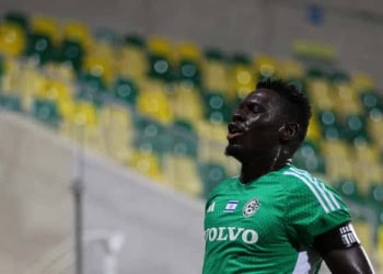 Maccabi Haifa's Abdoulaye Seck celebrates after scoring against Villarreal during the Europa League group F soccer match between Maccabi Haifa and Villarreal, at AEK arena stadium in Larnaca. Cyprus, Thursday, November 9, 2023 (Photo by Danil Shamkin/NurPhoto via Getty Images)