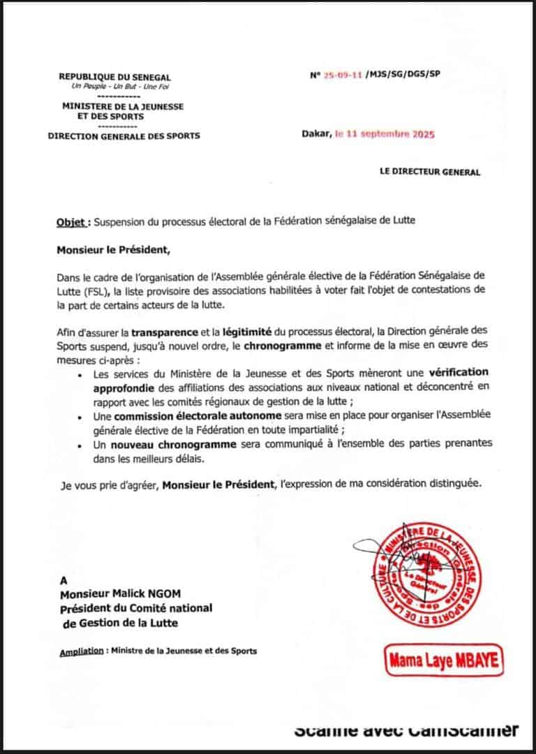 Fédération Sénégalaise de Lutte - Le ministère des Sports suspens le chronogramme et annonce des mesures correctives - wiwsport