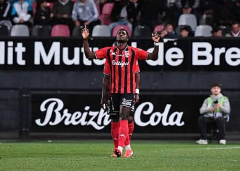 Donatien GOMIS of Guingamp celebrates goal during the Ligue 2 BKT match between Guingamp and Montpellier at Stade du Roudourou on September 15, 2025 in Guingamp, France. (Photo by Philippe Lecoeur/FEP/Icon Sport via Getty Images)