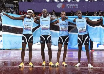 Botswana athletes celebrate after winning the men's 4x400-meter relay final at the World Athletics Championships at National Stadium in Tokyo on Sept. 21, 2025. (Photo by Kyodo News via Getty Images)
