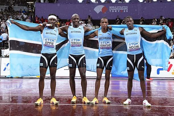 Botswana athletes celebrate after winning the men's 4x400-meter relay final at the World Athletics Championships at National Stadium in Tokyo on Sept. 21, 2025. (Photo by Kyodo News via Getty Images)