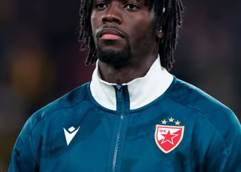 BERN, SWITZERLAND - JANUARY 29: Cherif Ndiaye of Crvena Zvezda poses during the Champions League anthem prior to the UEFA Champions League 2024/25 League Phase MD8 match between BSC Young Boys and FK Crvena Zvezda at Stadion Wankdorf on January 29, 2025 in Bern, Switzerland. (Photo by Daniela Porcelli/Getty Images)