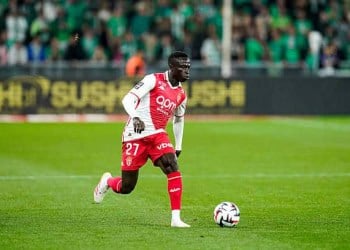 Krepin DIATTA of Monaco during the Ligue 1 McDonald's match between Saint-Etienne and Monaco at Stade Geoffroy-Guichard on May 3, 2025 in Saint-Etienne, France. (Photo by Daniel Derajinski/Icon Sport via Getty Images)