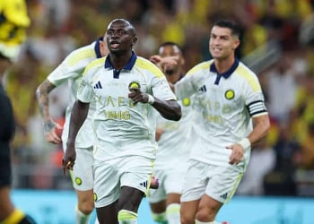 JEDDAH, SAUDI ARABIA - SEPTEMBER 26: Sadio Mane of Al Nassr celebrates after scoring the 1st goal during the Saudi Pro League match between Al Ittihad and Al Nassr at King Abdullah Sports City on September 26, 2025 in Jeddah, Saudi Arabia. (Photo by Yasser Bakhsh/Getty Images)