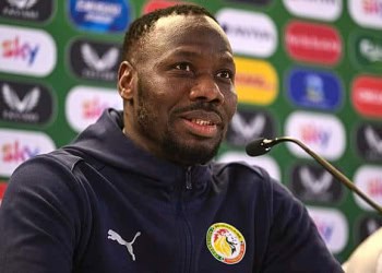Dublin , Ireland - 5 June 2025; Head coach Pape Thiaw speaks to the press during a Senegal media conference at the Aviva Stadium in Dublin. (Photo By Ben McShane/Sportsfile via Getty Images)