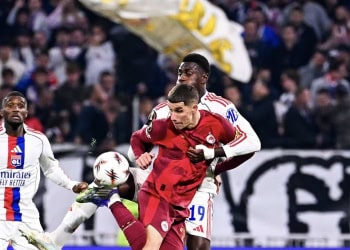 Petar RATKOV of Salzburg and Moussa NIAKHATE of Lyon during the UEFA Europa League match between Lyon and Salzburg at Groupama Stadium on October 2, 2025 in Lyon, France. (Photo by Sandra Ruhaut/Icon Sport via Getty Images)