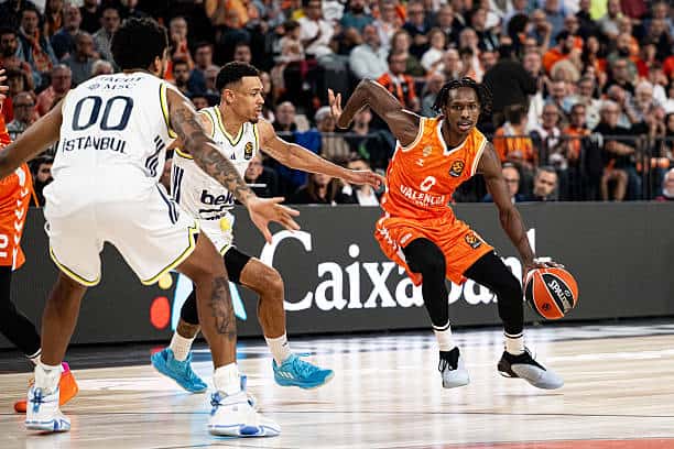 VALENCIA, SPAIN - OCTOBER 28: Brancou Badio, #0 of Valencia Basket in action during the EuroLeague Regular Season Round 7 match between Valencia Basket and Fenerbahce Beko Istanbul at Roig Arena on October 28, 2025 in Valencia, Spain. (Photo by JM Casares/Euroleague Basketball via Getty Images)