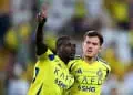 RIYADH, SAUDI ARABIA - MAY 07: Sadio Mane of Al Nassr celebrates with teammate Otavio
 after scoring his team's first goal during the Saudi Pro League match between Al Nassr and Al Ittihad at Al-Awwal Park on May 07, 2025 in Riyadh, Saudi Arabia. (Photo by Abdullah Ahmed/Getty Images)