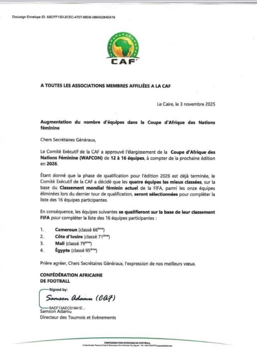 Foot féminin : La CAF élargit la CAN féminine à 16 équipes, le Cameroun, la Côte d’Ivoire, le Mali et l'Egypte « invités » - wiwsport