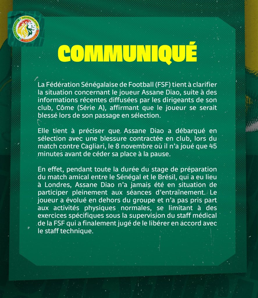 Equipe Nationale : Le communiqué lunaire de la FSF pour répondre à Cesc Fàbregas et Como concernant Assane Diao - wiwsport