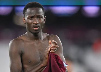 LONDON, ENGLAND - SEPTEMBER 13: Pape Matar Sarr of Tottenham Hotspur applauds the fans during the Premier League match between West Ham United and Tottenham Hotspur at London Stadium on September 13, 2025 in London, England. (Photo by Vince Mignott/MB Media/Getty Images)