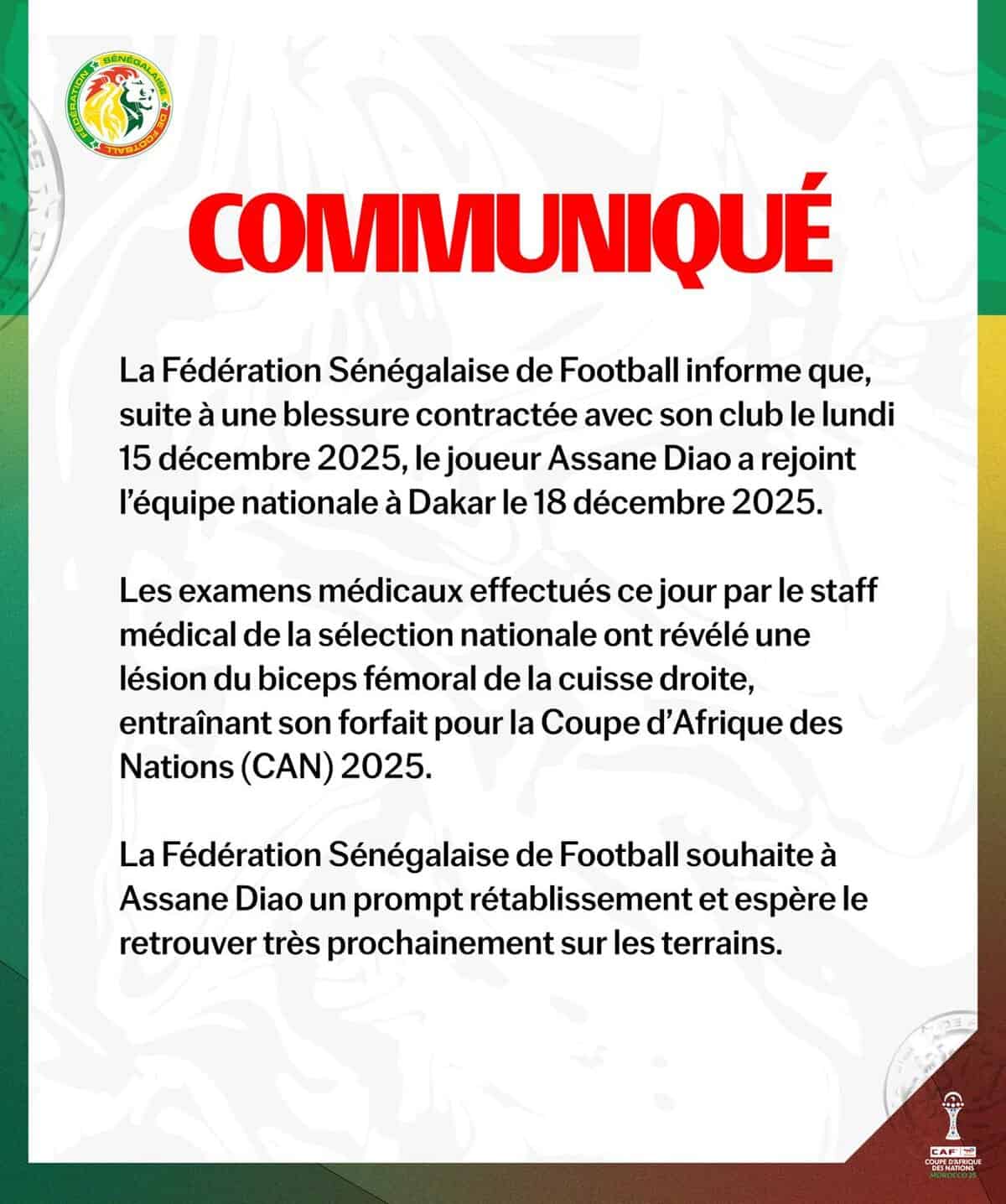 CAN 2025 : La FSF officialise enfin le forfait d'Assane Diao - wiwsport