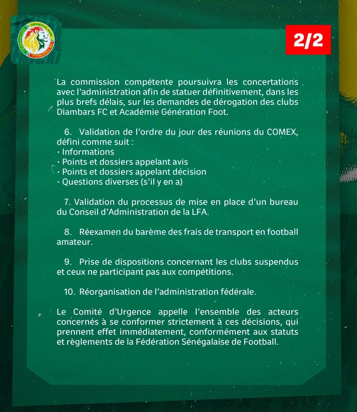 Réunion du comité d’urgence de la FSF : Voici les 10 grandes décisions prises ! - wiwsport