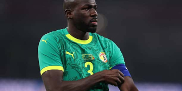 LONDON, ENGLAND - NOVEMBER 15: Kalidou Koulibaly of Senegal reacts during the International Friendly between Brazil and Senegal at Emirates Stadium on November 15, 2025 in London, England. (Photo by Ryan Pierse/Getty Images)