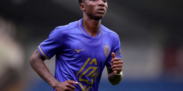 CHESTERFIELD, ENGLAND - JULY 19: Lamine Camara of AS Monaco in action during the pre-season friendly match between Nottingham Forest and AS Monaco at SMH Group Stadium on July 19, 2025 in Chesterfield, England. (Photo by Ed Sykes/Getty Images)