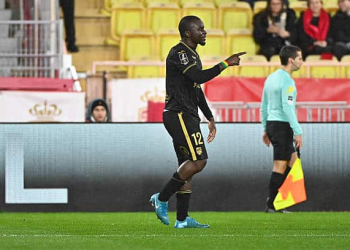 Bamba DIENG of FC Lorient celebrate after scores during the Ligue 1 McDonald's match between Monaco and Lorient at Stade Louis II on January 16, 2026 in Monaco, Monaco. (Photo by Sylvain Thomas/FEP/Icon Sport via Getty Images)