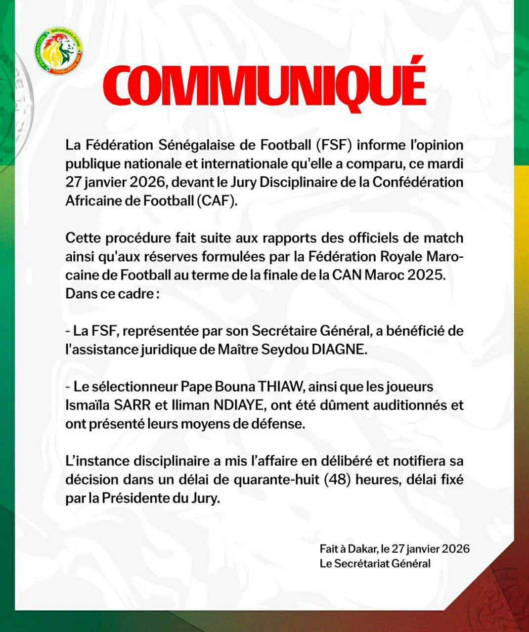 La FSF, Pape Thiaw, Ismaïla Sarr et Iliman Ndiaye ont comparu devant le jury disciplinaire de la CAF - wiwsport