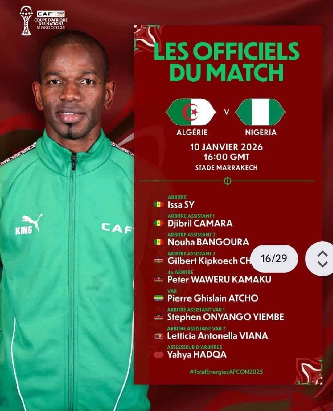 CAN 2025 : L'arbitre sénégalais Issa Sy au sifflet du quart de finale Algérie - Nigeria - wiwsport