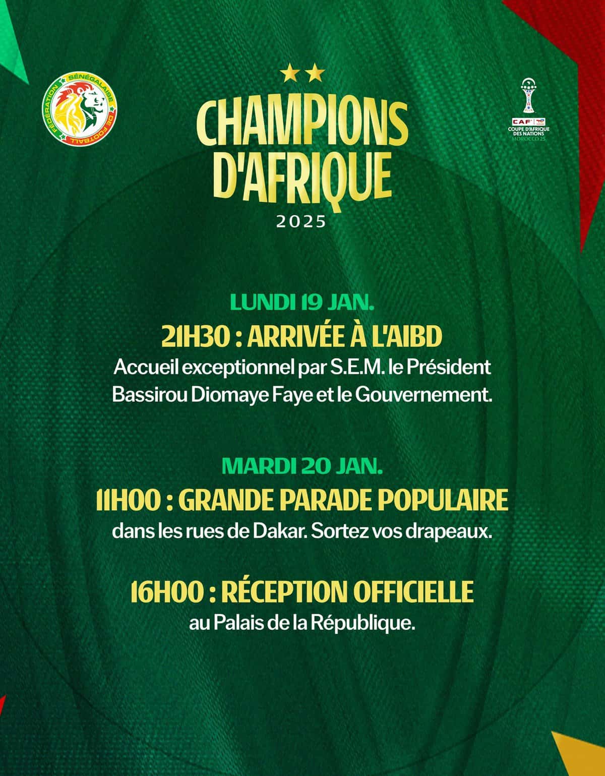 CAN 2025 : Les Lions, champions d'Afrique, atterrissent finalement à Diass ce soir... La parade fixée ce mardi - wiwsport