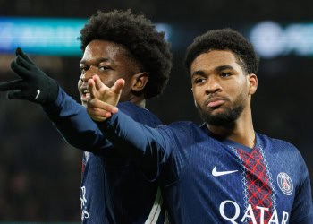 Ibrahim Mbaye and Quentin Ndjantou of Paris Saint-Germain celebrates goal during the Ligue 1 McDonald's match between Paris Saint-Germain FC and Stade Rennais FC at Parc des Princes on December 6, 2025 in Paris, France. (Photo by Tnani Badreddine/DeFodi Images)