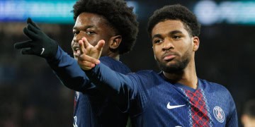 Ibrahim Mbaye and Quentin Ndjantou of Paris Saint-Germain celebrates goal during the Ligue 1 McDonald's match between Paris Saint-Germain FC and Stade Rennais FC at Parc des Princes on December 6, 2025 in Paris, France. (Photo by Tnani Badreddine/DeFodi Images)