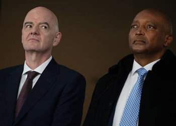 RABAT, MOROCCO - JANUARY 4:  FIFA President Gianni Infantino (left) and CAF President Dr Patrice Motsepe during the Africa Cup Of Nations Round Of 16 match between South Africa and Cameroon at Agdal Medina Stadium on January 4, 2026 in Rabat, Morocco. (Photo by Visionhaus/Getty Images)