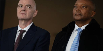 RABAT, MOROCCO - JANUARY 4:  FIFA President Gianni Infantino (left) and CAF President Dr Patrice Motsepe during the Africa Cup Of Nations Round Of 16 match between South Africa and Cameroon at Agdal Medina Stadium on January 4, 2026 in Rabat, Morocco. (Photo by Visionhaus/Getty Images)