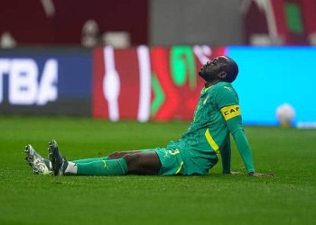 Kalidou Koulibaly of Senegal  on the ground  during the quarter final match between Senegal and Egypt at Tangier Stadium, Tangier, Morocco on January 14, 2026.  (Photo by Ulrik Pedersen/NurPhoto via Getty Images)