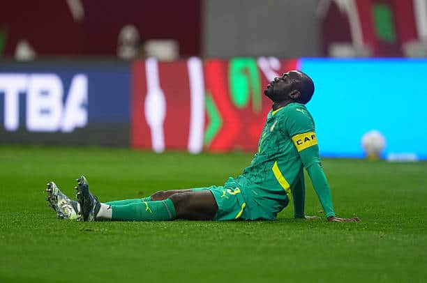 Kalidou Koulibaly of Senegal  on the ground  during the quarter final match between Senegal and Egypt at Tangier Stadium, Tangier, Morocco on January 14, 2026.  (Photo by Ulrik Pedersen/NurPhoto via Getty Images)