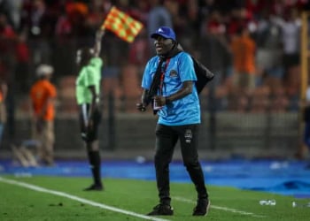 Lamine N'Diaye, coach of T.P. Mazembe, is pictured during the CAF Champions League semi-final return match between Al-Ahly and Tout Puissant Mazembe at Cairo International Stadium in Cairo, Egypt, on April 26, 2024. (Photo by Ayman Aref/NurPhoto via Getty Images)