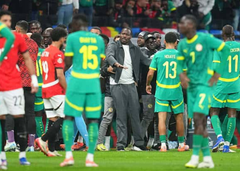 Pape Thiaw of Senegal  gestures  during the quarter final match between Senegal and Egypt at Tangier Stadium, Tangier, Morocco on January 14, 2026.  (Photo by Ulrik Pedersen/NurPhoto via Getty Images)