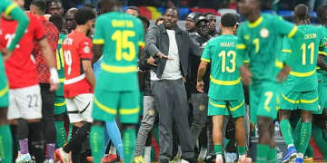 Pape Thiaw of Senegal  gestures  during the quarter final match between Senegal and Egypt at Tangier Stadium, Tangier, Morocco on January 14, 2026.  (Photo by Ulrik Pedersen/NurPhoto via Getty Images)